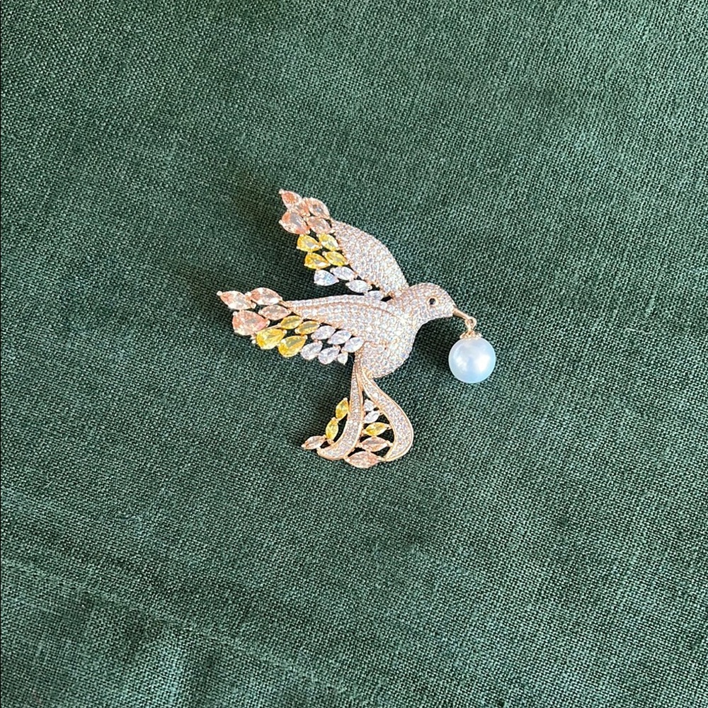 Elegant Gold and Silver Bird Dove Brooch Rhinestones Faux Pearl Gold Colored